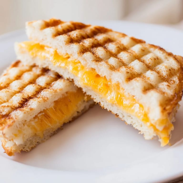 Close up shot of a buttery, golden Waffle Grilled Cheese, served hot and ready to be sliced.
