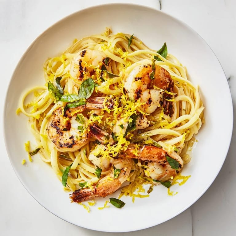 Succulent shrimp nestled in Lemon Herb Pasta, a light and refreshing Italian-inspired meal.
