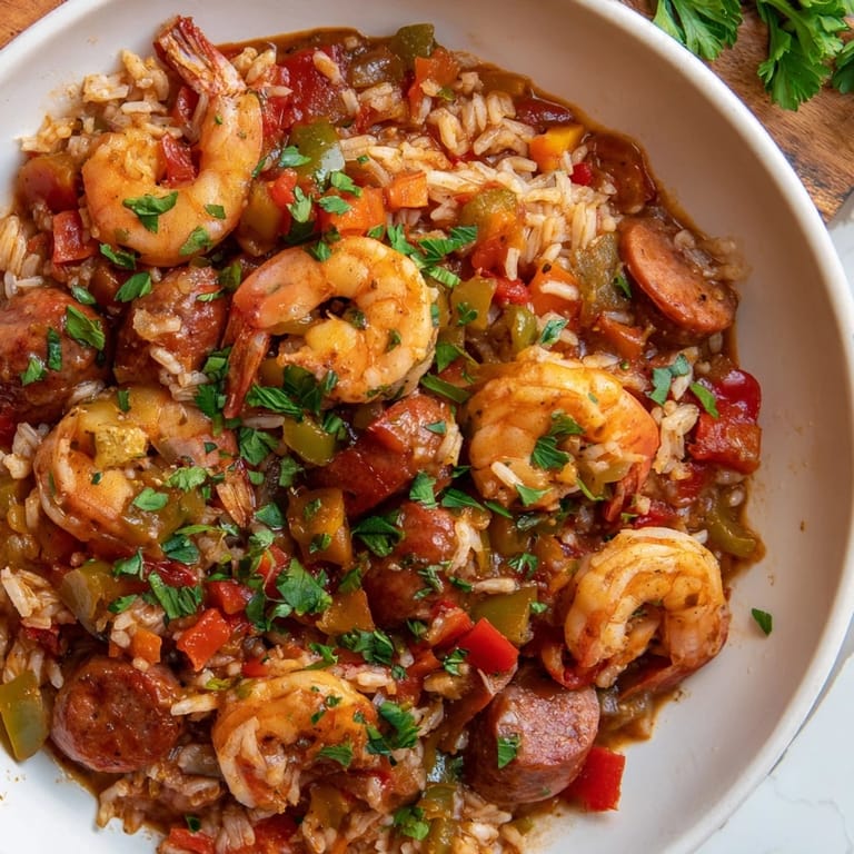 Vivid image: a steaming Jambalaya Skillet with shrimp, served in a rustic cast iron pan.