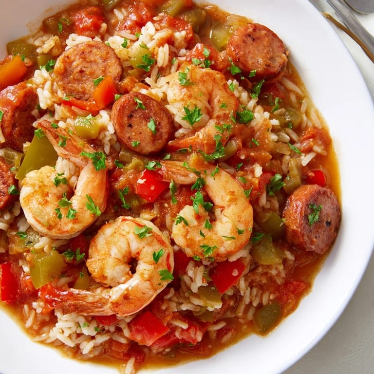 Hearty Jambalaya Skillet prepared with sausage, rice, and tomatoes, ready to be enjoyed!