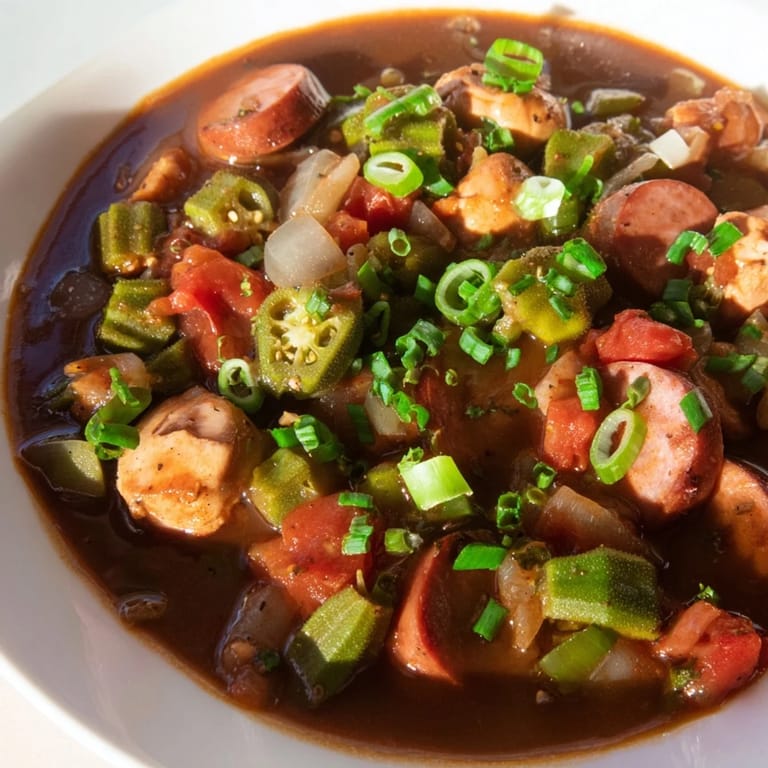 Warm and comforting Gumbo Okra Soup simmering with chicken and okra, perfect with fluffy white rice.