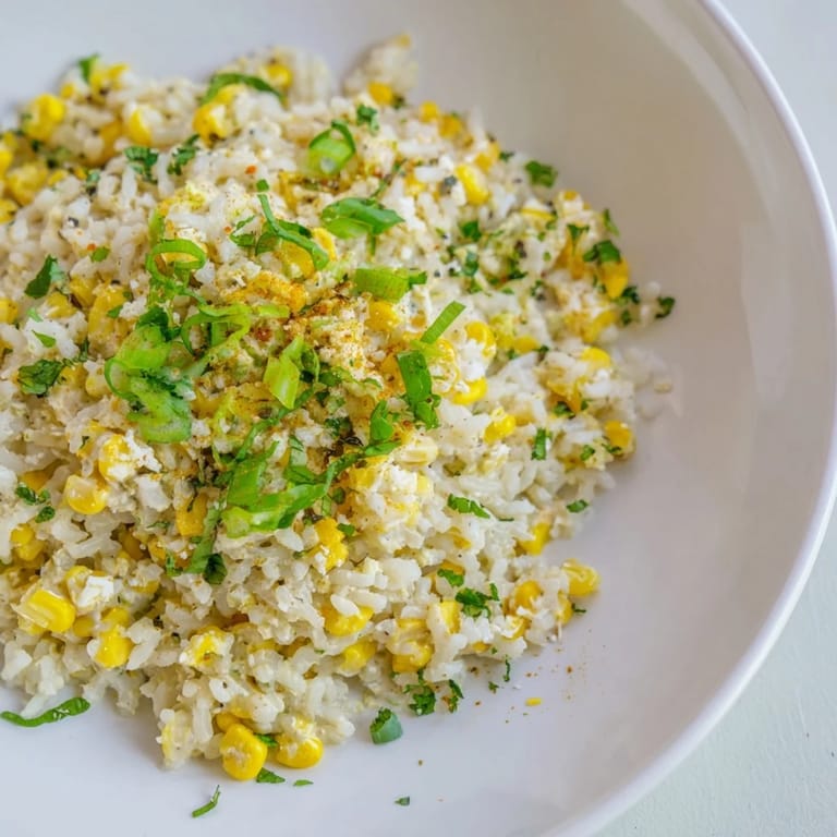 Close-up of creamy Mexican Street Corn Rice, showcasing the colorful corn and crumbled cheese.