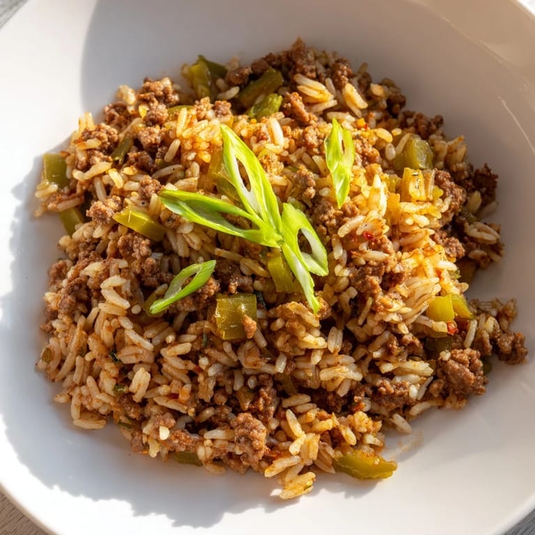 A hearty bowl of Cajun Dirty Rice, perfectly cooked with tender rice and a rich, spiced broth.