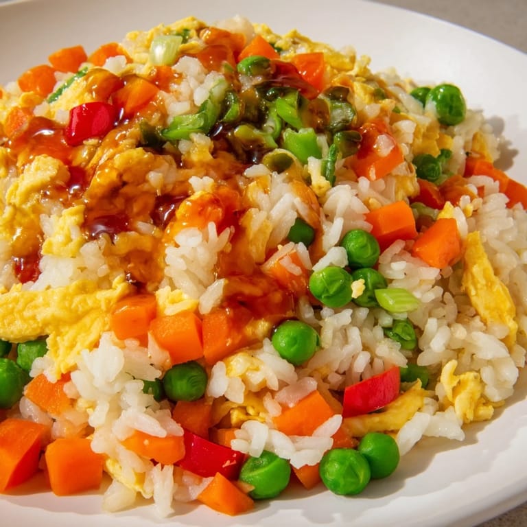 Savory Egg Fried Rice, featuring tender veggies and a rich soy sauce glaze for a tasty dinner.
