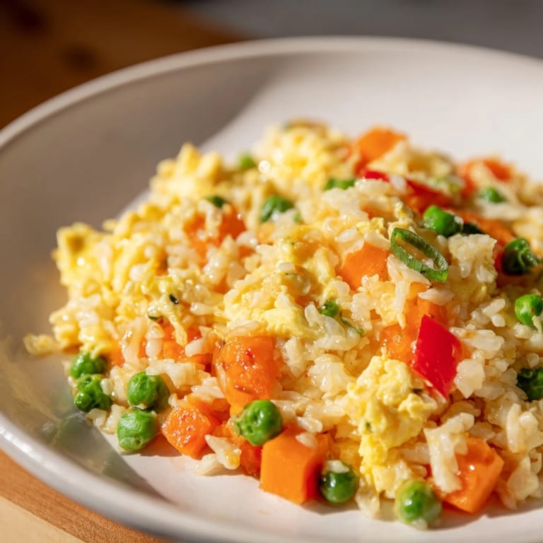 Enjoy a quick taste of homemade Egg Fried Rice garnished with fresh scallions, perfect meal.
