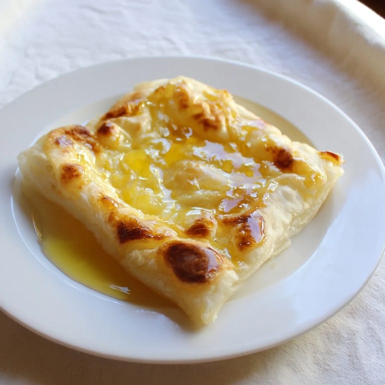 Crispy, layered Moroccan Msemen, a North African breakfast treat, presented with warm honey for dipping pleasure.