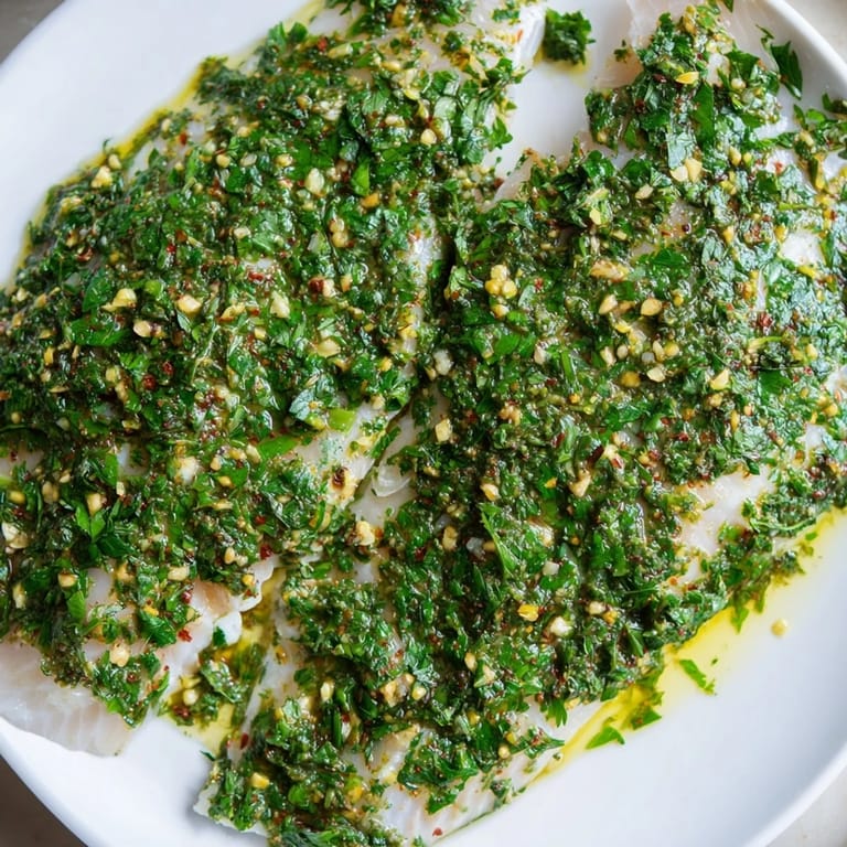 Bright, zesty Moroccan Chermoula Marinade, a blend of herbs and spices, prepared to marinate fish for delicious cooking.