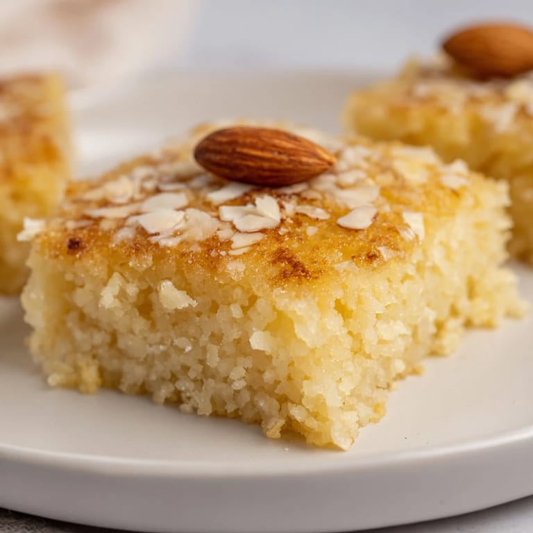 Close-up of a warm Basbousa slice: moist semolina cake with coconut, glistening under syrup.