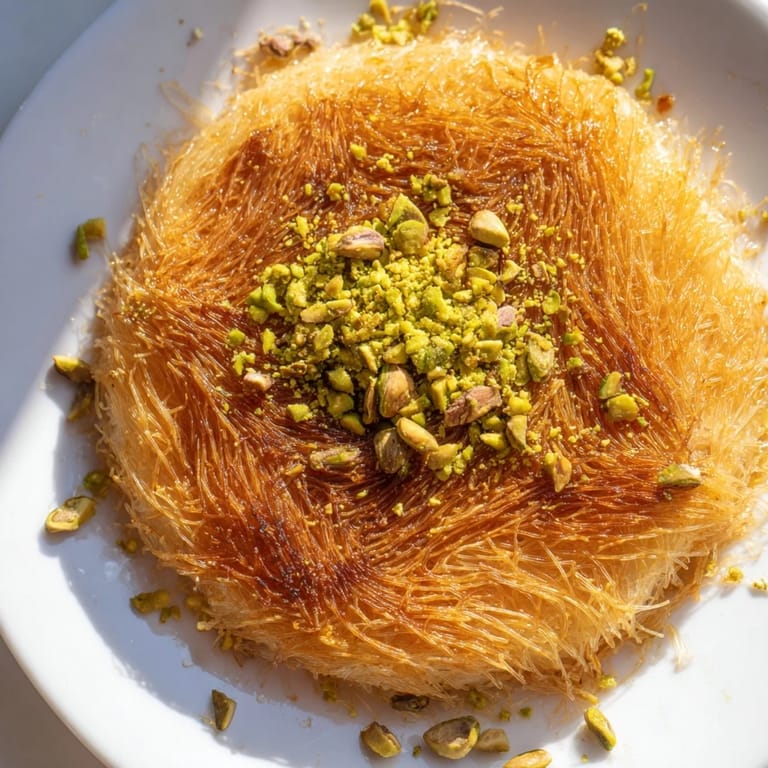 Warm, gooey cheese filling with a crunchy exterior defines this traditional Lebanese Knafeh.