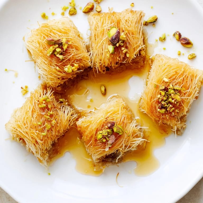 Close-up of crispy, layered Egyptian Konafa, showcasing the nut filling and glistening honey.