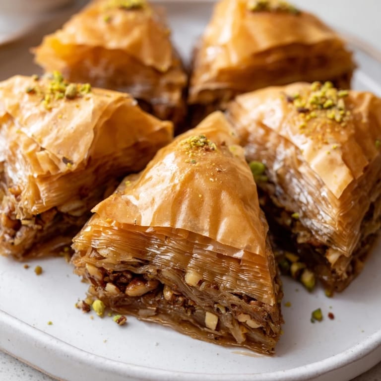 Close-up of baked Turkish baklava, featuring a generous drizzle of sweet, fragrant honey topping.