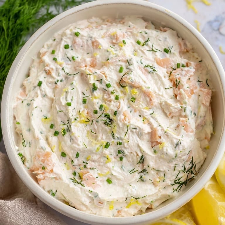 Smoked salmon dip topped with chopped chives, resting in a rustic bowl alongside crunchy bagel chips for dipping.