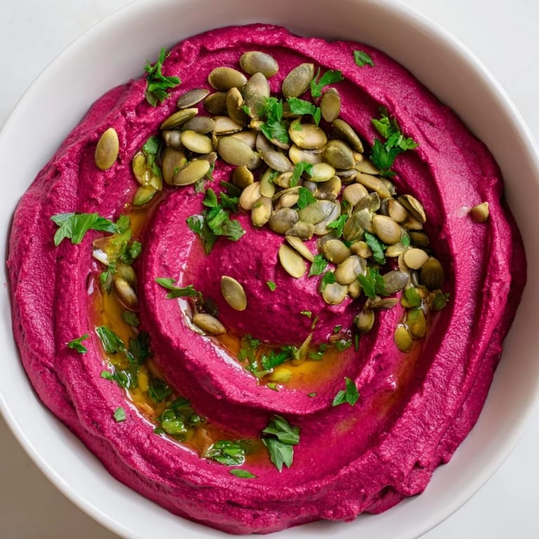 Creamy roasted beet hummus topped with toasted pumpkin seeds and herbs on a wood table.  