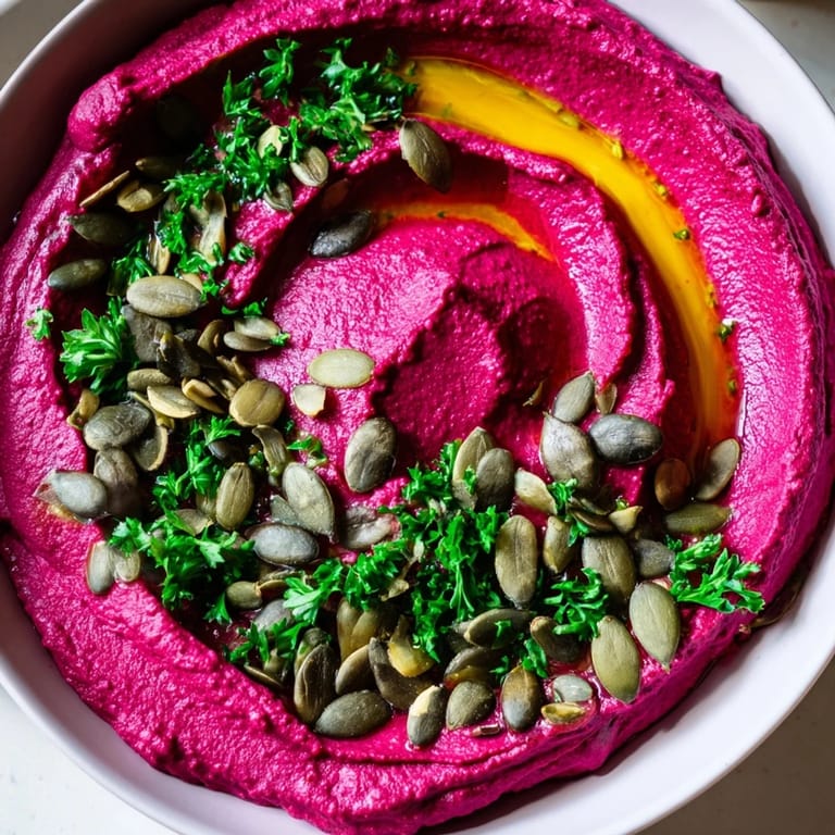 Vibrant pink beet hummus dip served with pita bread and fresh vegetables for dipping.