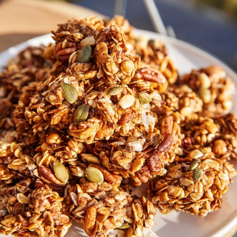 Scattered golden Granola Clusters on a clean white countertop, featuring pieces of rolled oats, almonds, pecans, and dried cranberries, ready for snacking.