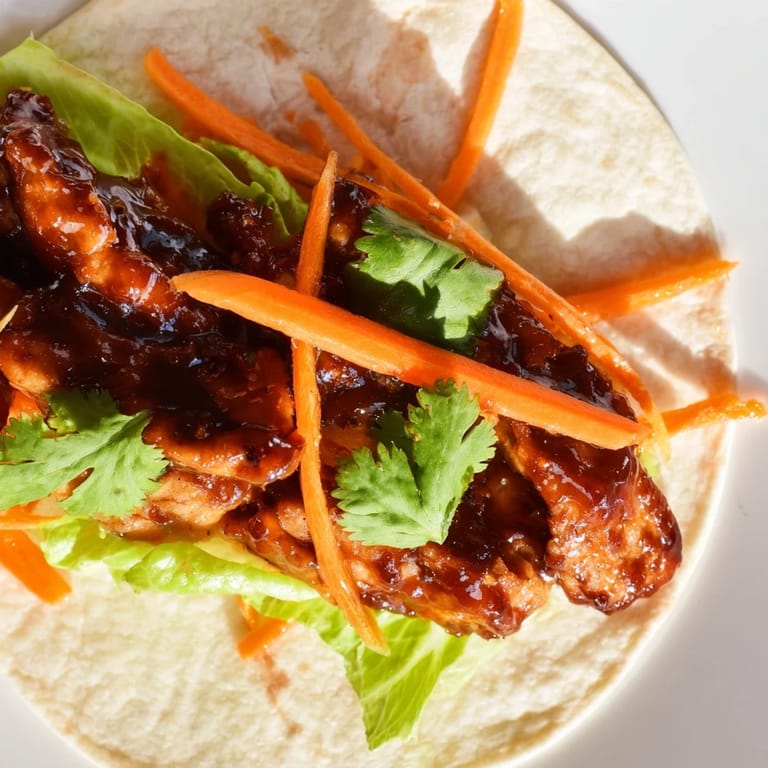 Overhead view of assembling Honey Sriracha Chicken Wrap with fresh lettuce, julienned carrots, and red bell peppers on a wooden board.  