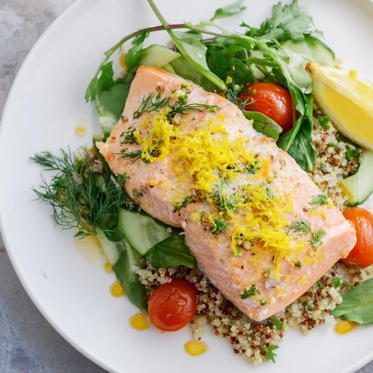A vibrant Lemon Herb Salmon Salad with cherry tomatoes, cucumber, and herbs for a healthy dinner.