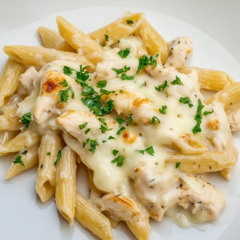Fresh parsley garnishes the Chicken Alfredo Casserole, baked until golden and served in a white dish.