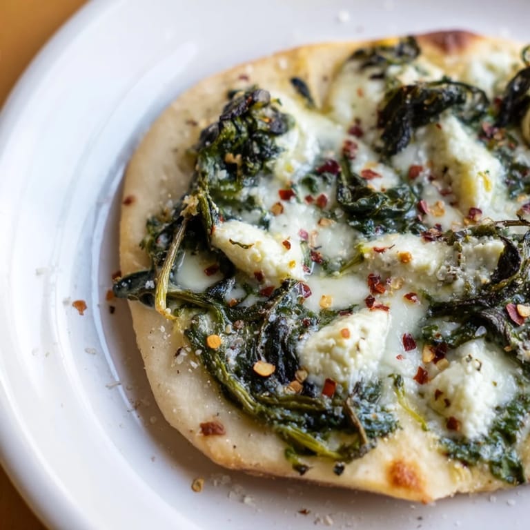 A close-up of creamy spinach ricotta pizza topped with sautéed spinach, garlic butter, and melted mozzarella on a golden crust.  