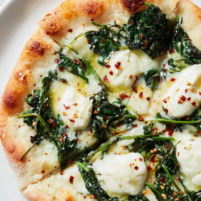 Homemade Italian spinach ricotta pizza fresh from the oven, featuring a crisp thin crust with ricotta, spinach, and Parmesan.