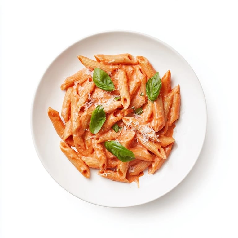 Vibrant roasted red pepper pasta served with a side salad and crusty bread for dinner.