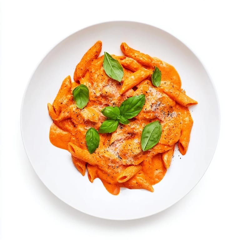 A close-up of creamy roasted red pepper pasta sauce coating penne, garnished with basil.  
