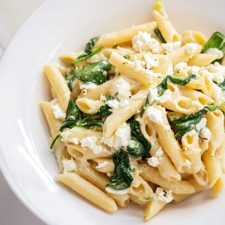 Vibrant green spinach and white feta tossed through Creamy Feta Spinach Pasta, highlighting the velvety texture in natural light.