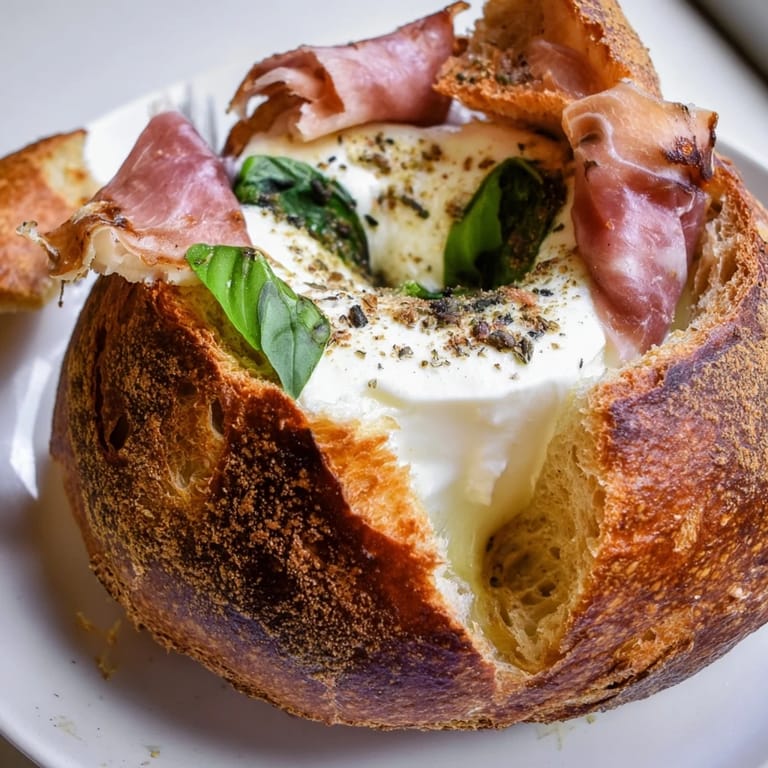 Golden-brown buttery grilled cheese sandwich featuring crispy prosciutto and melty burrata on sourdough bread.  