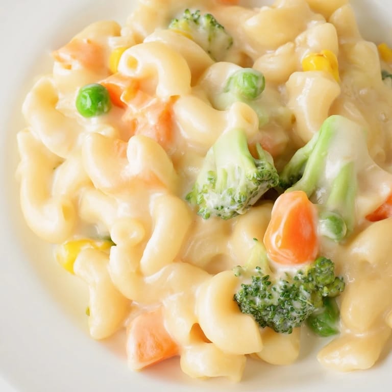 A close-up of baked Garden Veg Mac and Cheese shows golden panko crumbs topping melted cheddar and mozzarella, with peas peeking through.