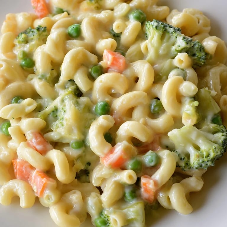 Family-style serving of Garden Veg Mac and Cheese with a side salad, highlighting colorful diced vegetables and a rich, velvety sauce.