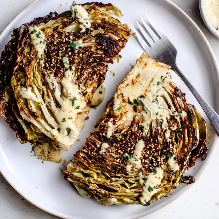 Roasted Cabbage Steaks With Tahini on a platter with lemon wedges and sesame seeds, served warm for dinner.