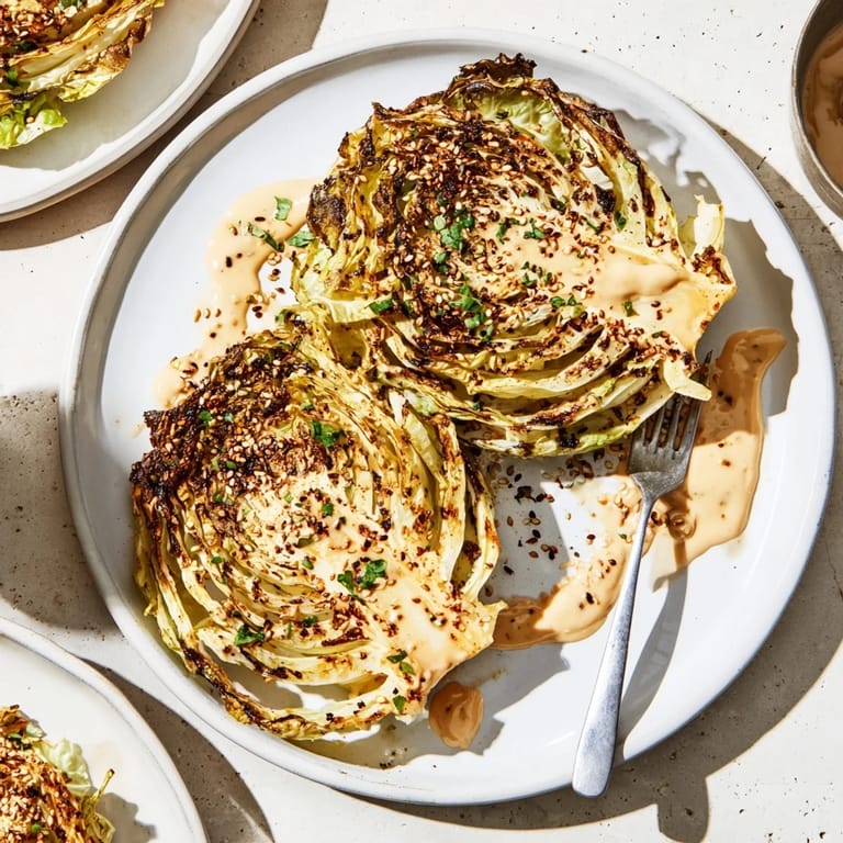Thick-cut cabbage steaks roasted with cumin and paprika, finished with a velvety tahini drizzle for a vegan side.