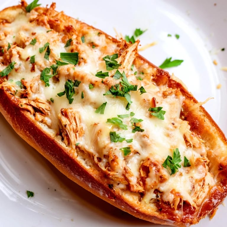 A close-up view shows melted cheese bubbling over the crisp, golden-brown edges of the stuffed loaf.  