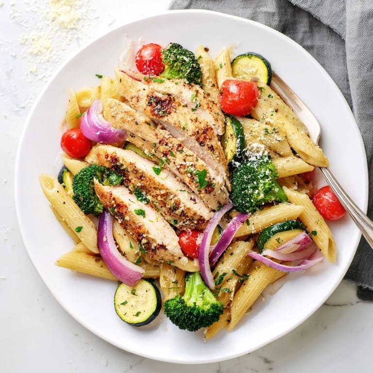 Garlic herb chicken and veg pasta served warm, garnished with fresh parsley and grated Parmesan on a rustic table.