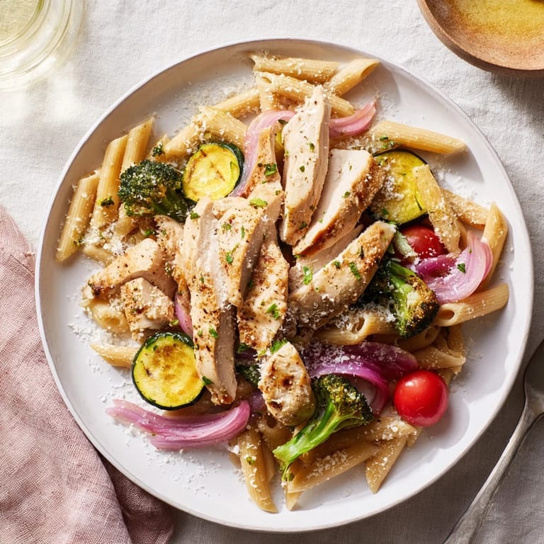 Savory penne pasta with juicy roasted chicken, crisp bell peppers, and tender broccoli, ready for a family dinner.