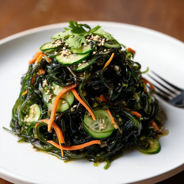 Chilled Seaweed Salad in a white bowl, garnished with cilantro and chili flakes, paired with green tea for a light meal.