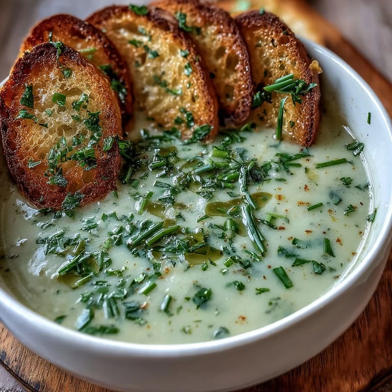 A ladle scooping smooth Garlic and Herb Soup, paired with gluten-free bread for a cozy dinner.