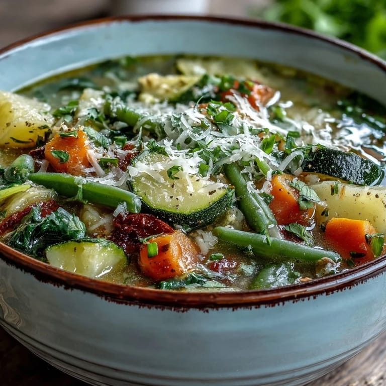 Close-up of vibrant Parmesan Veggie Soup in a white bowl, showing tender carrots, zucchini, and green beans.