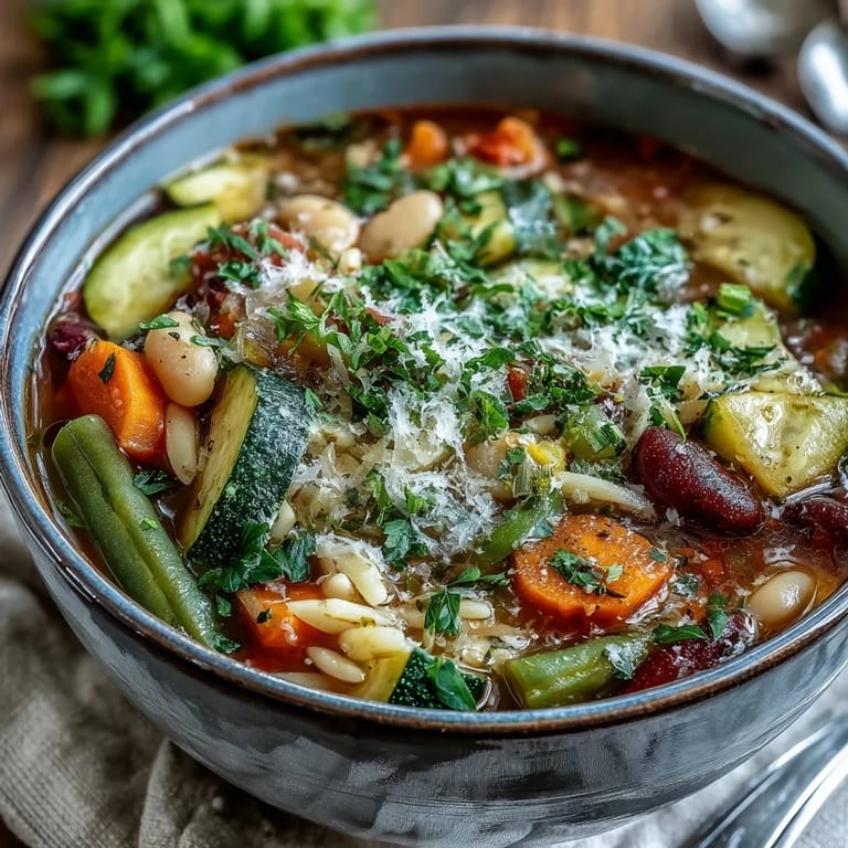 Close-up of a ladle scooping rich Vegetable Minestrone, highlighting carrots, zucchini, and beans in a savory tomato broth.