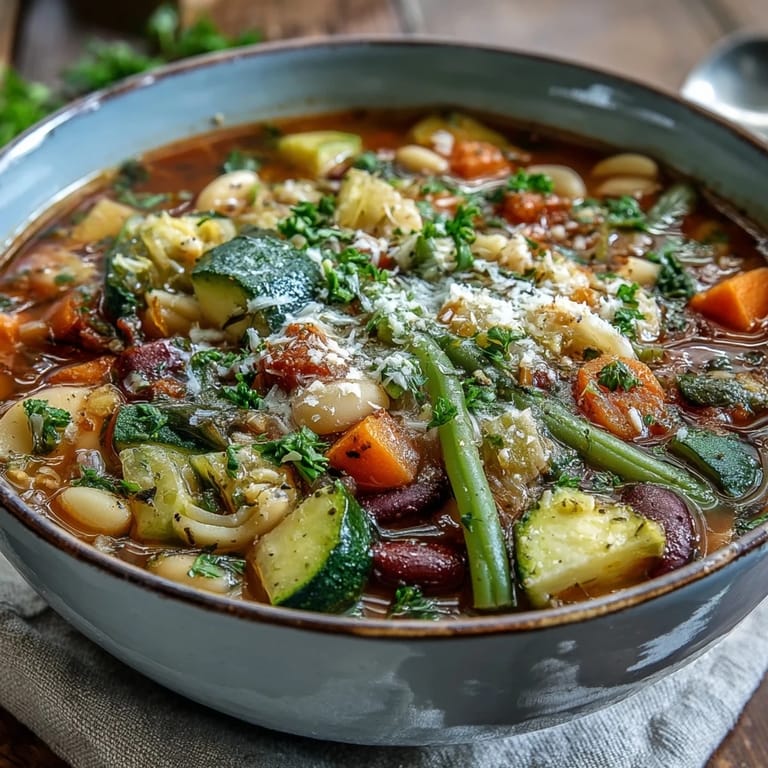 Cozy pot of hearty Vegetable Minestrone simmering on the stove, filled with colorful seasonal produce and fragrant Italian herbs.