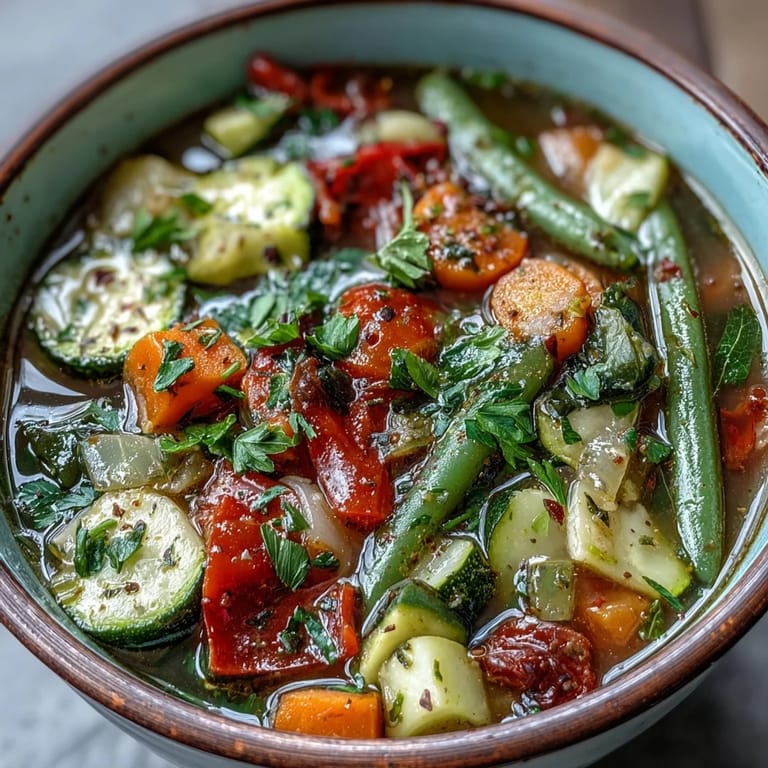 Hearty Italian Herb Vegetable Soup served hot with crusty bread on the side, ready to be ladled into bowls.