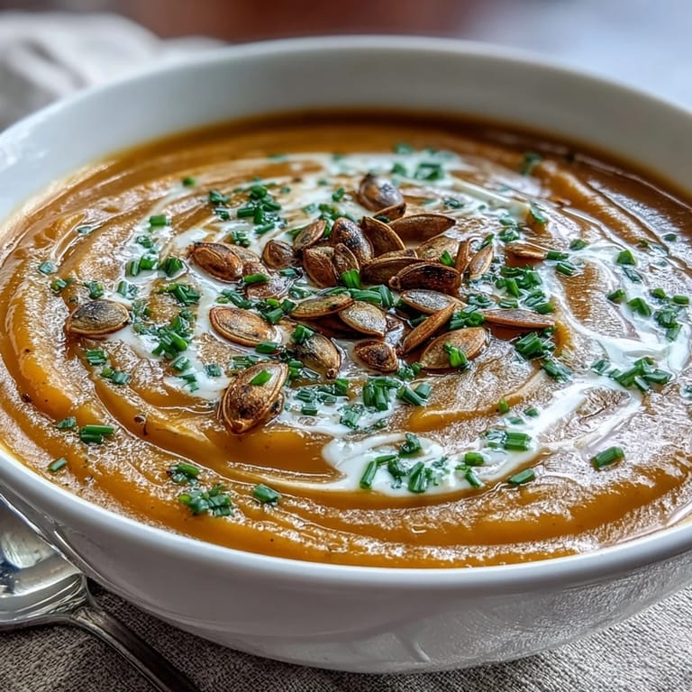 Golden roasted Acorn Squash Soup pureed smooth, topped with a swirl of cream and warm autumn spices.