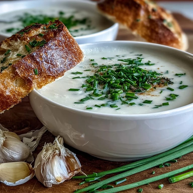 Creamy roasted garlic and herb soup swirled with olive oil, garnished with fresh thyme and served with a slice of bread.