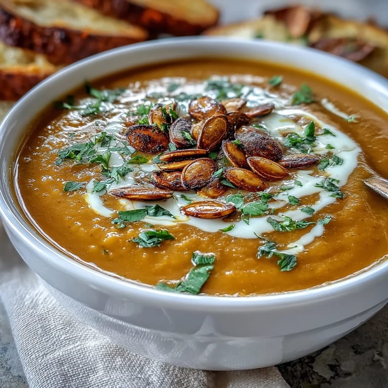 Silky pumpkin soup swirled with cream, served hot in a rustic bowl with a crusty bread slice.