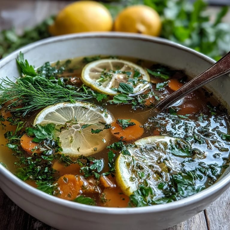 Close-up of Lemon Herb Soup topped with chopped chives and lemon zest, served with crusty bread on the side.