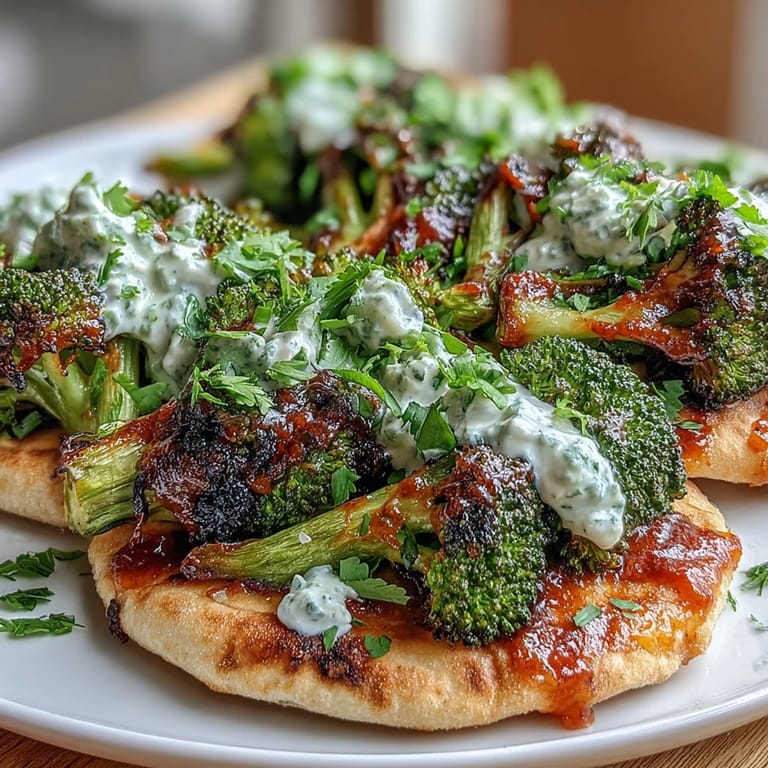 Harissa broccoli piled high on toasted flatbreads, garnished with fresh cilantro and lemon wedges for a bright, spicy finish.