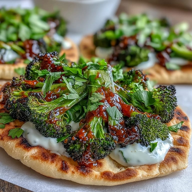 A close-up of the easy Harissa Broccoli and Flatbreads, featuring charred, seasoned broccoli and warm, pliable flatbreads ready to serve.