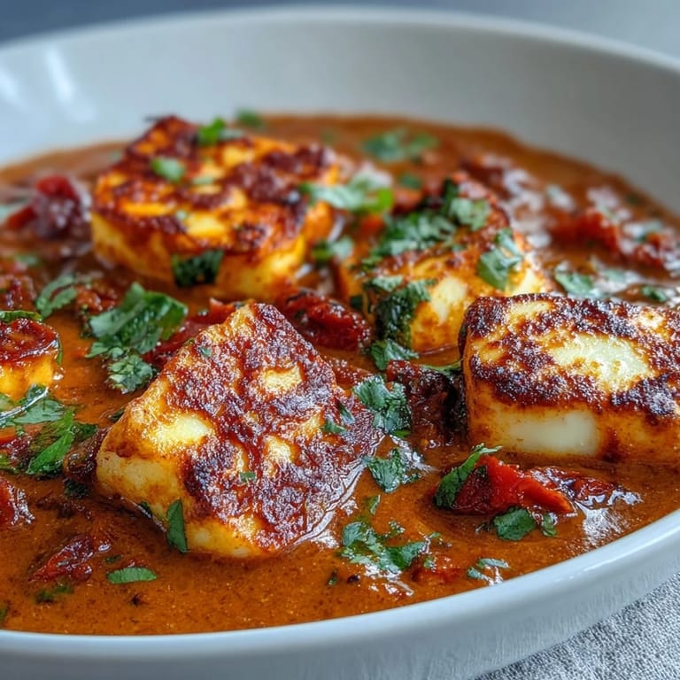 A vibrant, family-friendly Creamy Halloumi and Tomato Curry simmering in a skillet, showcasing its silky, rich sauce.