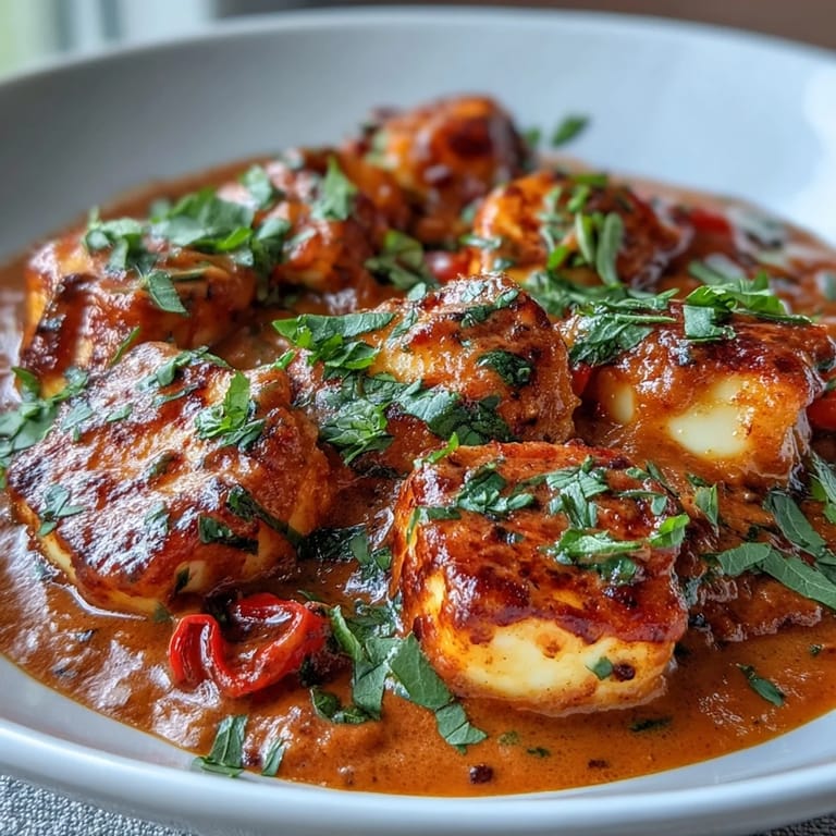 Close-up of Creamy Halloumi and Tomato Curry with golden cheese, red bell peppers, and a spoonful of sauce.