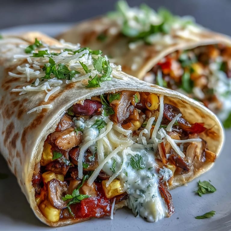 Two warm veggie burritos on a plate, garnished with fresh cilantro and a side of salsa.